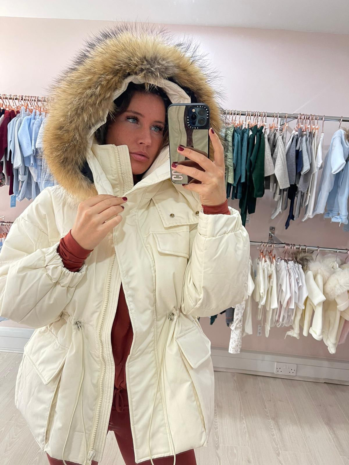 Cream Coat With Fur Collar Cream Puffer Coat With Natural Fur Collar