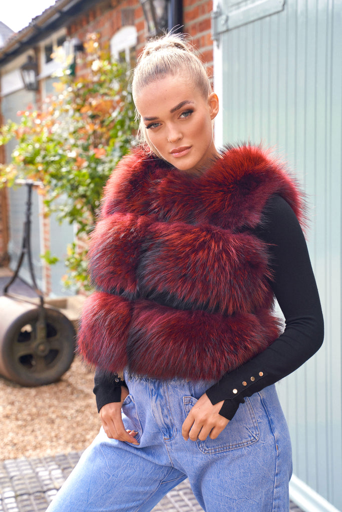 Red Three Row Raccoon Fur Gilet TREND STUDIO LONDON